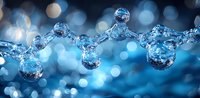Sparkling water drops connected in chain formation against blurred blue bokeh background creating magical aqua atmosphere and natural pattern.
