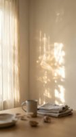 Warm sunlight streams through sheer curtains onto a wooden table with a ceramic mug, folded linens, and scattered nuts, creating soft shadows for home decor and lifestyle content.