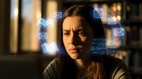 Young businesswoman analyzing digital data with holographic interface technology for modern workplace communication and analytics solutions.