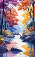 Tranquil autumn forest stream with colorful maple trees reflecting in calm water, surrounded by rocks and fallen leaves in vibrant seasonal colors.