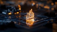 Glowing graph chart hologram on computer circuit board with orange light effect, futuristic technology concept for business analytics and data visualization.