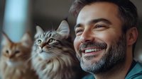 Smiling mature man with beard enjoying time with his Maine Coon cat, showcasing pet companionship and bond between owner and feline.