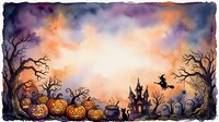 Watercolor Halloween border with jack-o-lanterns, witch, haunted house, gravestones, and bare trees framing a glowing sky copy space.