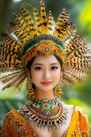 Young Asian woman wearing ornate traditional ceremonial headdress with feathers and detailed beadwork necklace in vibrant orange and turquoise colors against natural background.