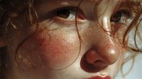 Close-up of young woman with freckles and auburn curls in warm sunlight, showing natural skin texture and rosy cheeks for beauty or skincare advertising.