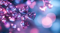 Delicate crystal hearts with pink and blue bokeh background create romantic atmosphere. Glowing glass hearts catch light in dreamy Valentine composition.
