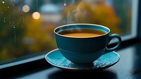 Steaming hot coffee in turquoise ceramic cup and saucer near rainy window with bokeh lights and autumn colors in background, cozy morning atmosphere.