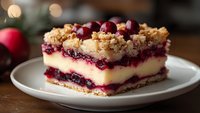 Layered cranberry cheesecake bar with crumble topping and fresh berries on white plate, festive holiday dessert with creamy filling and crunchy streusel.