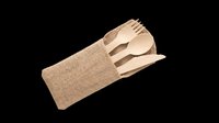 Eco-friendly wooden cutlery set with fork, spoon, and knife in a burlap pouch, isolated on transparent background, ready for stickers, t-shirt design, print on demand.