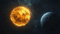 Glowing sun and planet in dark space with stars and nebula, cosmic scene showing celestial bodies in orbit against starry background.