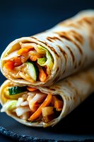 Fresh vegetable wraps with colorful peppers, lettuce and carrots in tortilla on dark slate surface for healthy lunch menu and restaurant promotion.
