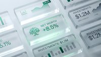 Transparent background financial data cards displaying investment metrics, net worth growth percentages, and monetary values in green and gray tones, isolated and ready for web design, presentations, and digital marketing materials.