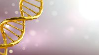 Golden DNA double helix structure on soft pink and gray background with bokeh effect, representing genetic research and biotechnology advancement.