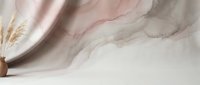 Elegant marble-textured fabric backdrop with soft pink and gray tones, dried pampas grass in a ceramic vase, neutral aesthetic for product photography.