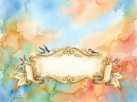 Ornate golden frame with decorative birds and scrollwork on soft watercolor background in pastel tones. Isolated design element suitable for invitations, greeting cards, and digital projects.