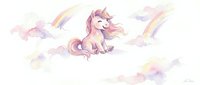Cute pink unicorn with rainbow mane flying through pastel clouds and rainbows in dreamy sky. Fantasy creature for children's designs and fairy tale themes.