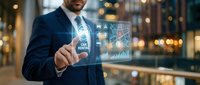 Professional businessman in dark suit interacting with futuristic holographic interface displaying data analytics and digital charts in modern office environment.