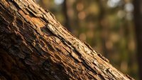 Close-up of natural tree bark texture with warm golden sunlight highlighting rough surface patterns and organic details in forest environment.