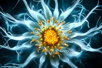 Glowing abstract macro flower with bright yellow center and ethereal blue petals radiating outward against dark background, creating dramatic lighting effect.