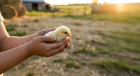 Young child holding a fluffy yellow chick in cupped hands on a farm at sunset, depicting animal care and agricultural education for children.