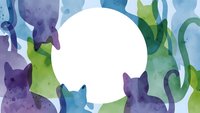 Watercolor cats silhouettes frame with white circle space for text in purple blue green colors on white background for pet design projects.