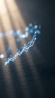 Glowing upward trending arrow chart with bokeh lights on dark wooden surface representing business growth, financial success and market analytics.