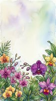 Watercolor orchid garden border with purple, pink and yellow blooms on soft pastel background with copy space for greeting cards.