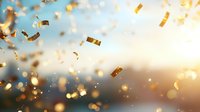 Falling gold confetti and money pieces floating in air against bright sunset sky with bokeh light effects and warm glow for celebration, success, wealth, and festive occasions.