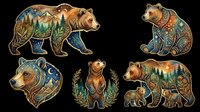 Decorative bear illustrations with nature elements and ornamental patterns isolated on transparent background, ready for t-shirt design, clipart, stickers, sublimation and print-on-demand projects.