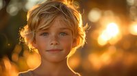Young child with blonde hair smiling at sunset, backlit with golden sunlight creating warm rim lighting and dreamy bokeh background, expressing joy and innocence.
