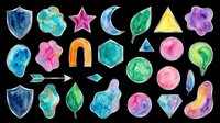 Watercolor gemstones, crystals, and celestial shapes in vibrant blues, purples, pinks, and greens. Isolated on transparent background, ready for t-shirt designs, clipart, stickers, sublimation, and print-on-demand projects.