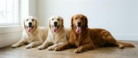 Three golden retriever dogs sitting together on wooden floor by window with tongues out showing happy expressions in bright indoor home setting.