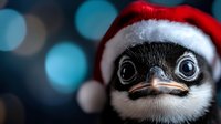 Adorable penguin chick wearing red Santa hat with festive bokeh lights background for holiday greeting cards and seasonal marketing campaigns.