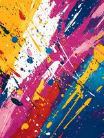 Vibrant paint splatter artwork featuring dynamic brushstrokes in yellow, pink, blue and red on white background. Abstract expressionist style with energetic diagonal composition.