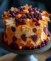 Festive autumn cake decorated with colorful fondant maple leaves, miniature pumpkins, and fresh cranberries and grapes on dark cake stand. Fall celebration dessert.