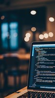 Laptop displaying programming code on screen in modern office environment with warm bokeh lights creating atmospheric workspace for software development.