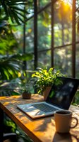 Cozy workspace with laptop and coffee cup by sunlit window, surrounded by lush green plants casting natural shadows on wooden desk. Morning productivity scene.