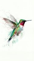 Watercolor hummingbird in flight with vibrant green and red plumage, artistic paint splatters on white background for nature and wildlife designs.