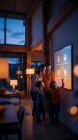 Family using smart home control panel on wall in modern living room with wooden beams and warm evening lighting for home automation technology.