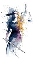 Lady Justice watercolor illustration with scales and sword in artistic splashes for legal concepts and law firm branding materials.