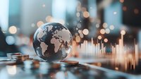 Global finance concept with glass earth sphere on coins against glowing market charts and bokeh lights in blue tones, showing worldwide economy trends.