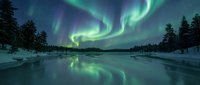 Spectacular aurora borealis dancing over frozen winter landscape with snow-covered pine trees reflecting in icy river creating magical northern lights display.