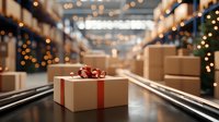 Festive gift box with red ribbon on conveyor belt in warehouse with Christmas lights and cardboard boxes. Logistics and holiday shipping concept.