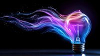 Glowing light bulb with colorful energy waves of blue, purple, and pink flowing from it against dark background, symbolizing creativity and innovation.