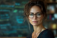 Young adult woman with brown hair and glasses, wearing dark clothing, posed against blurred digital code background. Suitable for tech, software development, programming, and IT professional concepts.