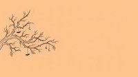 Bare tree branches with hanging ornaments on warm peachy background, isolated design element for seasonal decorations, greeting cards, and holiday projects.