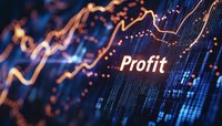 Glowing financial chart with profit text overlay against dark background showing upward market trends and digital data visualization in blue and orange tones.