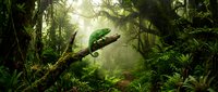Green chameleon on moss-covered branch in lush tropical rainforest with sunbeams filtering through dense canopy creating mystical atmosphere.