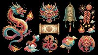 Colorful Chinese New Year dragon clipart set isolated on transparent background, ready for T-shirts, stickers, sublimation, and print on demand design use.