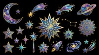 Celestial night sky elements with crescent moon, stars, planets, rockets, and cosmic patterns in purple, blue, and gold tones, isolated on transparent background. Ready for t-shirt designs, stickers, clipart, sublimation, and print-on-demand projects.